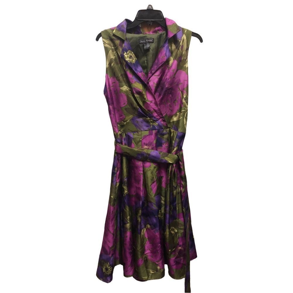 Jessica Howard Women’s Formal Green And Purple Floral Sleeveless Pleated V Neck